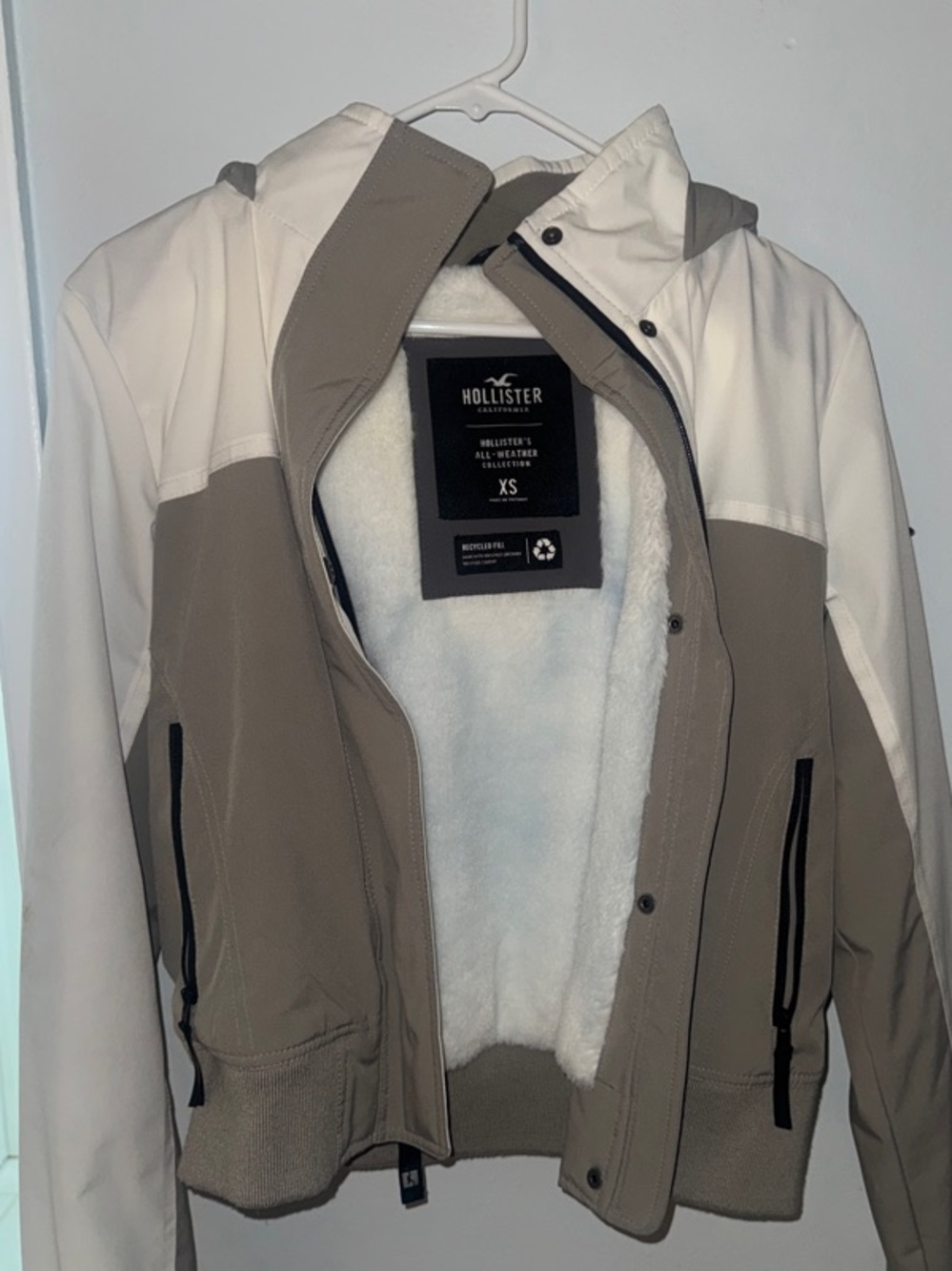 Hollister Two-Tone Hooded Bomber Jacket in White and Taupe